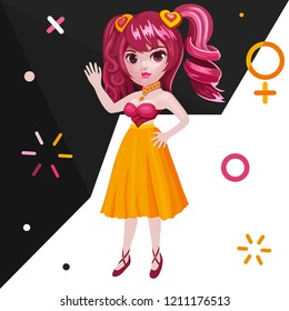 Cute girl. Vector fashion girl in pink swimsuit and orange skirt. 