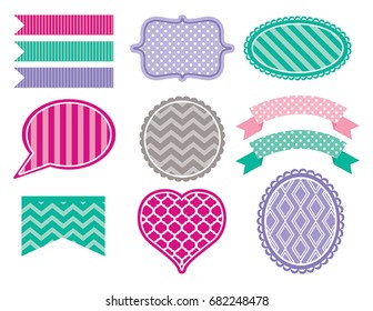 Cute girl vector frames, badges, banners and elements with geometric stripes, chevron, trellis, dots and diamonds in hot pink, taupe, teal green, light pink and purple
