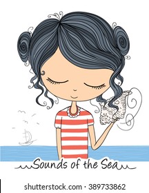 Cute girl vector graphic. sound of the sea slogan.