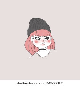 Cute Girl Vector Illustration. Pink Haired Girl with Cherry Cheek and Hat.