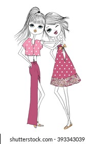 cute girl vector illustration romantic T shirt print princess sticker pretty little pattern beautiful cartoon friends