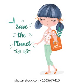 Cute girl vector illustration, save the planet, simple girl graphics, spring theme, kids fashion artworks, greeting, birthday and invitation cards, children prints.