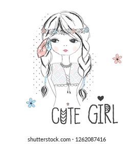 cute girl vector illustration, T-shirt graphics design for girls