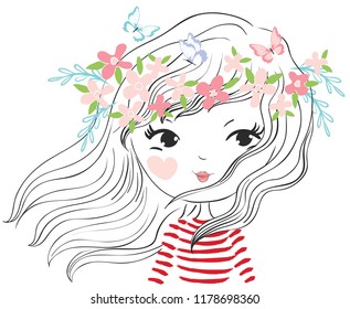 Cute girl vector illustration.Cartoon character graphic design.Girlish children drawing.