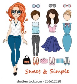 Cute girl vector illustration.Children character with elements and icons.T-shirt Graphic.