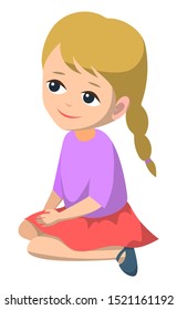 Cute girl vector, isolated character little kid with braided hairstyle wearing skirt and sweater. Education in kindergarten, child with peaceful face, back to school concept. Flat cartoon