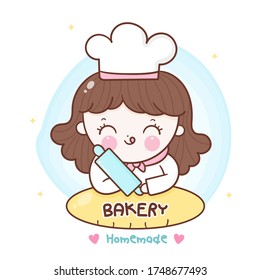 Cute girl vector Kawaii bakery shop logo cartoon kid dessert: Series Sweet Chef cooking homemade, Girly doodle. Magic character on white background illustration. Perfect design for fashion fabrics.