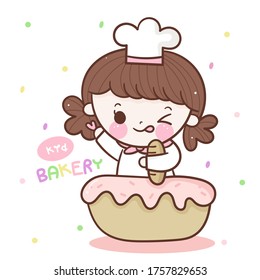 Cute girl vector Kawaii bakery shop logo cartoon kid dessert with cupcake: Series Sweet Chef cooking, Girly doodle. Magic character on white background illustration. Perfect design for fashion fabric.