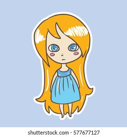 cute girl vector sticker on blue background