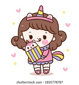 Cute girl vector wear unicorn ears with cupcake Kawaii bakery shop logo cartoon for kid dessert homemade food: Series Sweet Chef cooking, Girly doodle.Magic character on white background illustration.