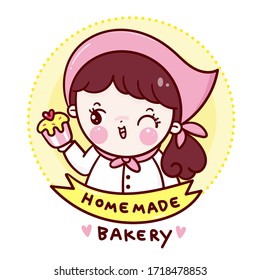 Vector de chica guapa con delicioso quequito Kawaii caricatura con el logo de la tienda de panadería para postres infantiles: Cocina de chef dulce serie, Doodle Girly. Carácter mágico en la ilustración de fondo blanco. Diseño perfecto.