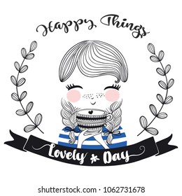 Cute girl vector.Children illustration for School books and more. Separate Objects.T-shirt graphic.cartoon girl.Fashion girl.For apparel or other uses,in vector.