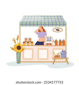 Cute girl vendor selling honey in jar at local market. Pure organic honey harvested. Homemade natural sweetness products. Woman seller standing behind counter, stall at marketplace vector illustration