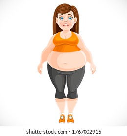 Cute girl very full before losing weight in a static pose isolated on white background