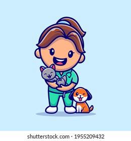 Cute Girl Veterinarian With Cat And Dog Cartoon Vector Icon Illustration. People Animal Icon Concept Isolated Premium Vector. Flat Cartoon Style