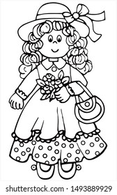 Cute girl in vintage clothes with a bouquet in her hand. Black and white vector for coloring, for card or gift.