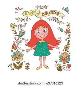 Cute girl with vintage frame of flowers. The phrase on a ribbon: Happy birthday. Cartoon illustration for wedding invitations and romantic cards, birthday and other holiday.