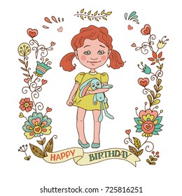 Cute girl with vintage frame of flowers. The phrase on a ribbon: Happy birthday. Cartoon illustration for invitations and postcards, birthday and other holiday.