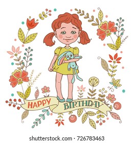 Cute girl with vintage frame of flowers. The phrase on a ribbon: Happy birthday. Cartoon illustration for invitations and postcards, birthday and other holiday.