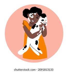 A cute girl with vitiligo, dark skin, black hair, holds a white spotted cat in her arms. Skin pigmentation problems. Take care of your health. Vector illustration