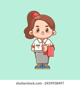 Cute girl waiter serve food kawaii chibi character mascot illustration outline style design set