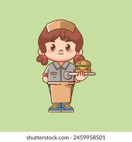 Chica linda camarero servir hamburguesa kawaii chibi personaje mascota ilustración contorno conjunto de estilo