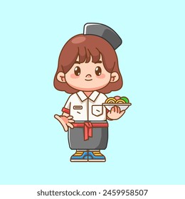 Cute girl waiter serve noodle kawaii chibi character mascot illustration outline style design set