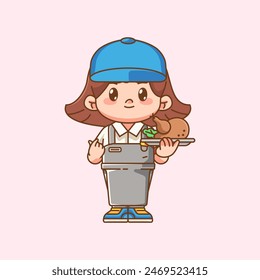Cute girl waiter serve roasted chicken kawaii chibi character mascot illustration outline style design set