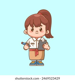 Cute girl waiter take note kawaii chibi character mascot illustration outline style design set