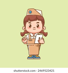 Cute girl waiter take order on tablet kawaii chibi character mascot illustration outline style design set