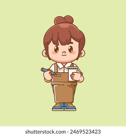 Cute girl waiter takes note kawaii chibi character mascot illustration outline style design set