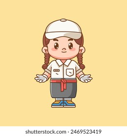 Cute girl waiter welcome customer kawaii chibi character mascot illustration outline style design set