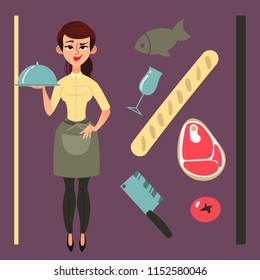 Cute girl as a waitress in a restaurant. Character in vector flat style