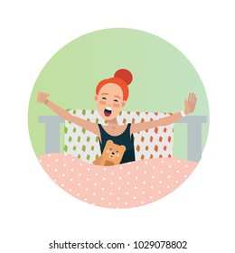A cute girl wakes up sitting on the lovely bed with teddy bear. Red hear. Spring colors. Vector illustration in cartoon style.