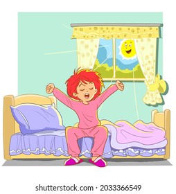 The cute girl wakes up. Vector cartoon illustration. Isolated on white.