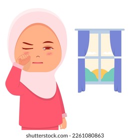 Cute girl wakes up wiping her eyes