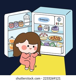 Cute girl walk to open refrigerator in kitchen room at night because hungry.Cartoon funny character design.Hand drawn.Kid.Child.Kawaii.Vector.Illustration.