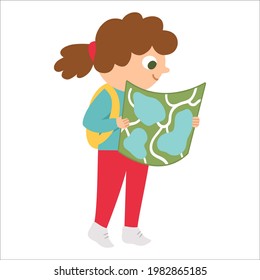 Cute girl walking with backpack and map. Kid doing summer activity. Vector summer camp illustration. Camping character. Woodland travel tourist icon.
