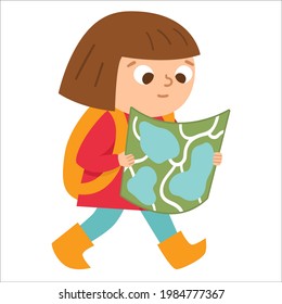 Muchacha linda caminando con mochila y mapa. Niño haciendo actividades de verano. Ilustración del campamento de verano vectorial. Carácter de acampada. Icono turístico de Woodland.
