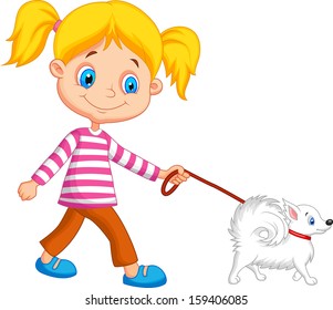 Cute girl walking with dog