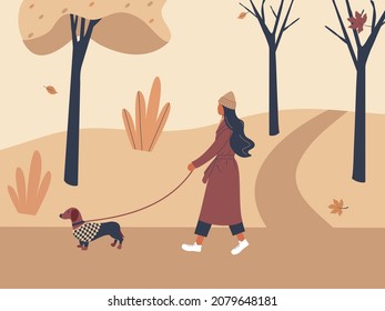 Cute girl walking with dog dachshund in overalls in autumn city park or forest. Fall soothing outdoors landscape: trees, leaves, bushes in trendy funky figures style. Vector illustration in flat style