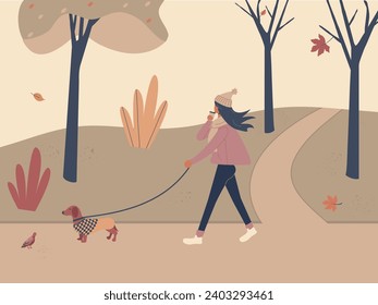 Cute girl walking with dog dachshund in overalls in autumn city park or forest and having coffee. Fall soothing outdoors landscape: trees, leaves, bushes in funky figures style. Vector illustration