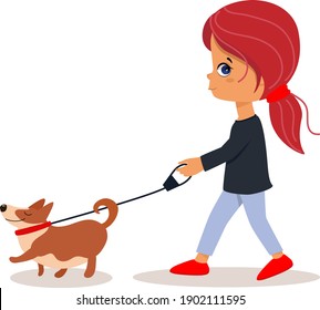 Una chica linda caminando con un perro corredizo. Caricatura, ilustración vectorial colorida, aislada en blanco.