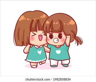 Cute girl walking with friend cartoon art illustration