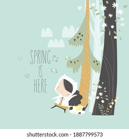 Cute girl walking with her cat in the spring forest