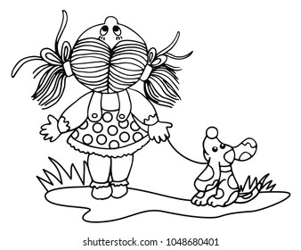 Cute girl walking her dog in the park and looking up to the sky. For coloring, black and white vector. 