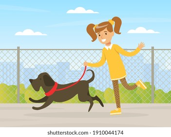 Cute Girl Walking with her Dog Outdoors, Kid Having Fun with Pet Animal on Summer Landscape Cartoon Vector Illustration