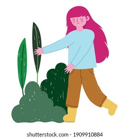 cute girl walking in the park cartoon vector illustration