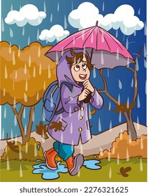  cute girl walking in the rain cartoon vector