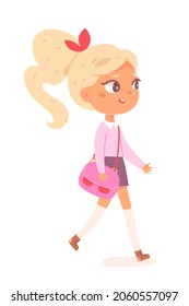Cute girl walking with schoolbag vector illustration. Cartoon back to school and study concept with little female child schoolgirl character in uniform, young student going to school isolated on white